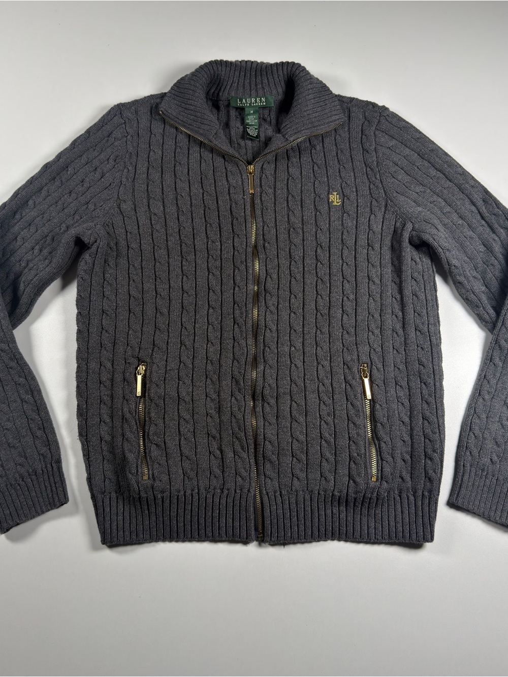 Lauren Ralph Lauren Women’s Charcoal Cable-Knit Full Zip Cardigan Sweater Size M
